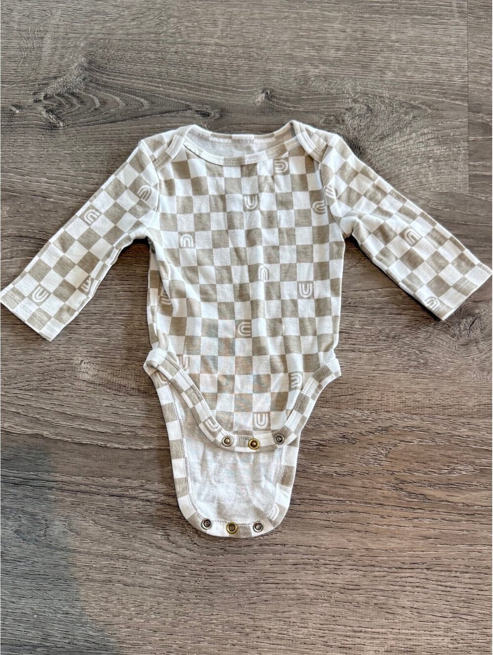 Jumping Beans Long Sleeve Onsie Beige Checkered Rainbows 3 months